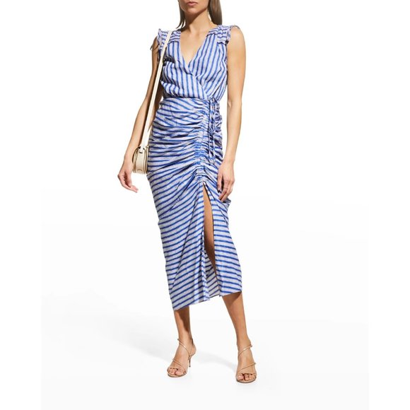 Veronica Beard Dresses & Skirts - Veronica Beard Teagan Striped Wrap Linen-blend Midi Dress in Cobalt Multi Size 2